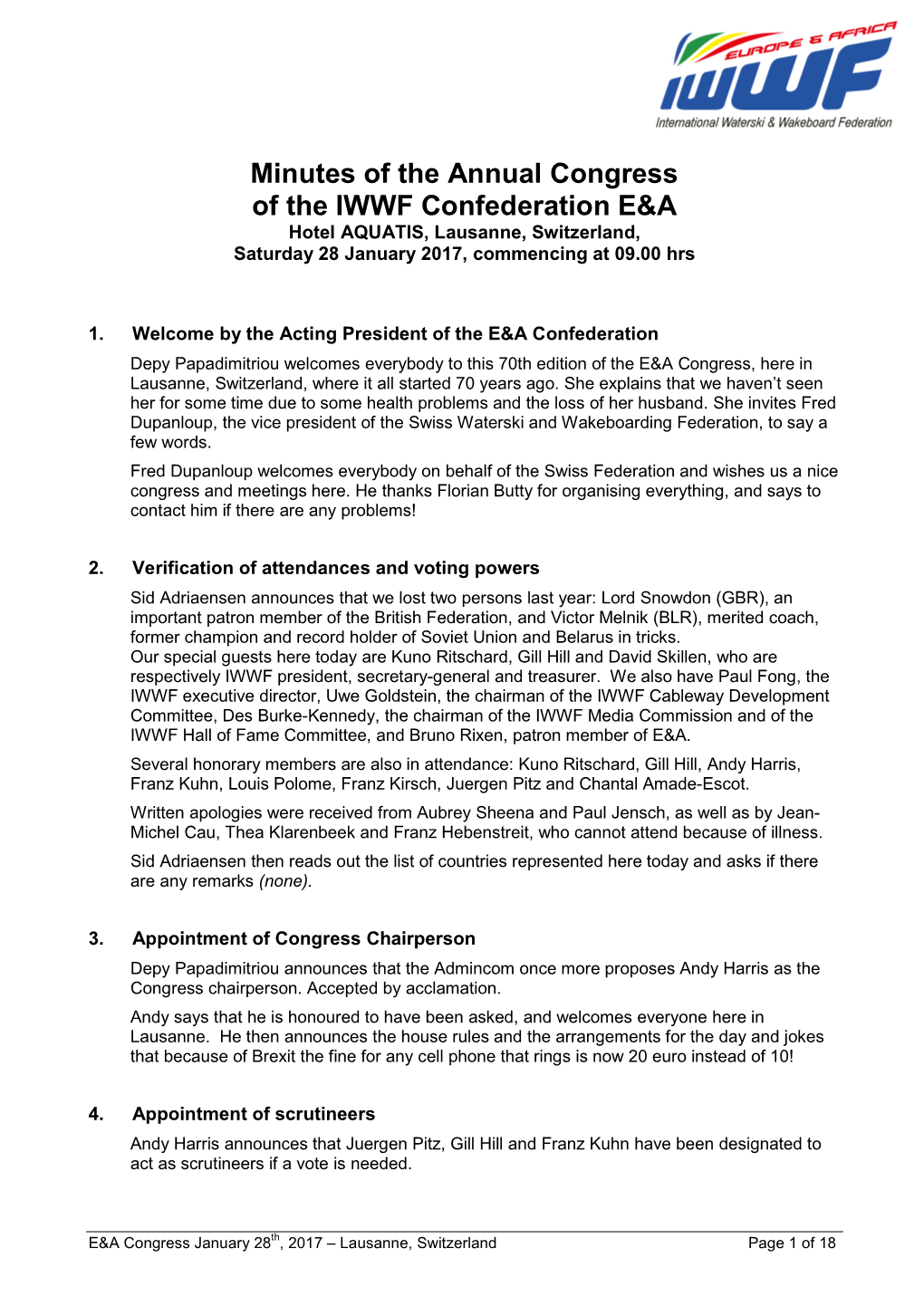 Minutes of the Annual Congress of the IWWF Confederation E&A