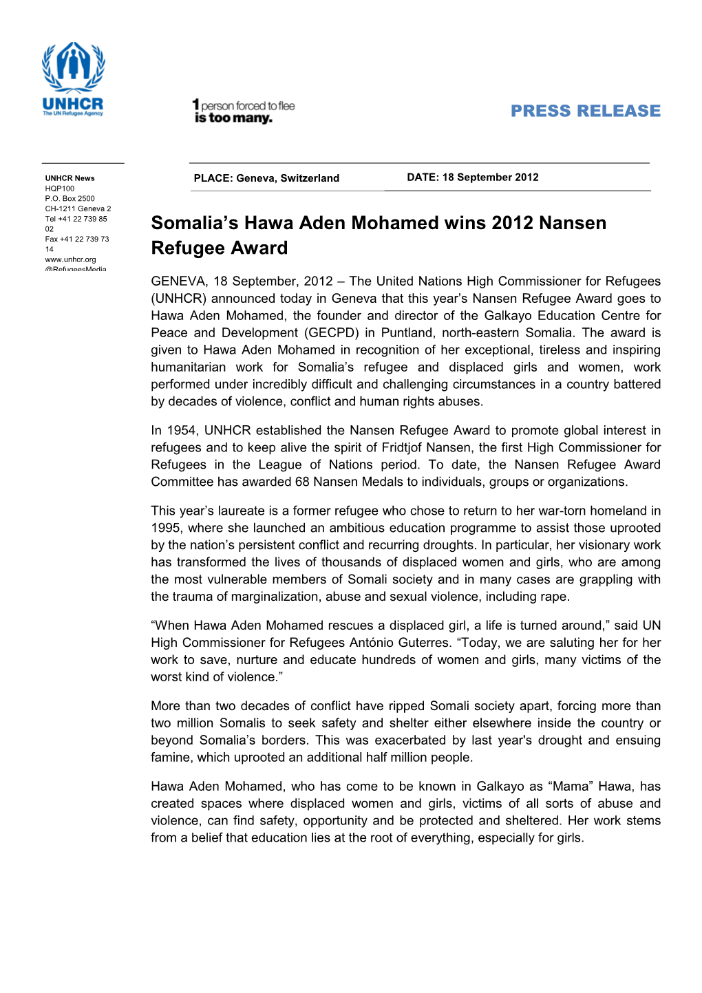 FINAL Nansen Refugee Award Announcement Pr 2012 En