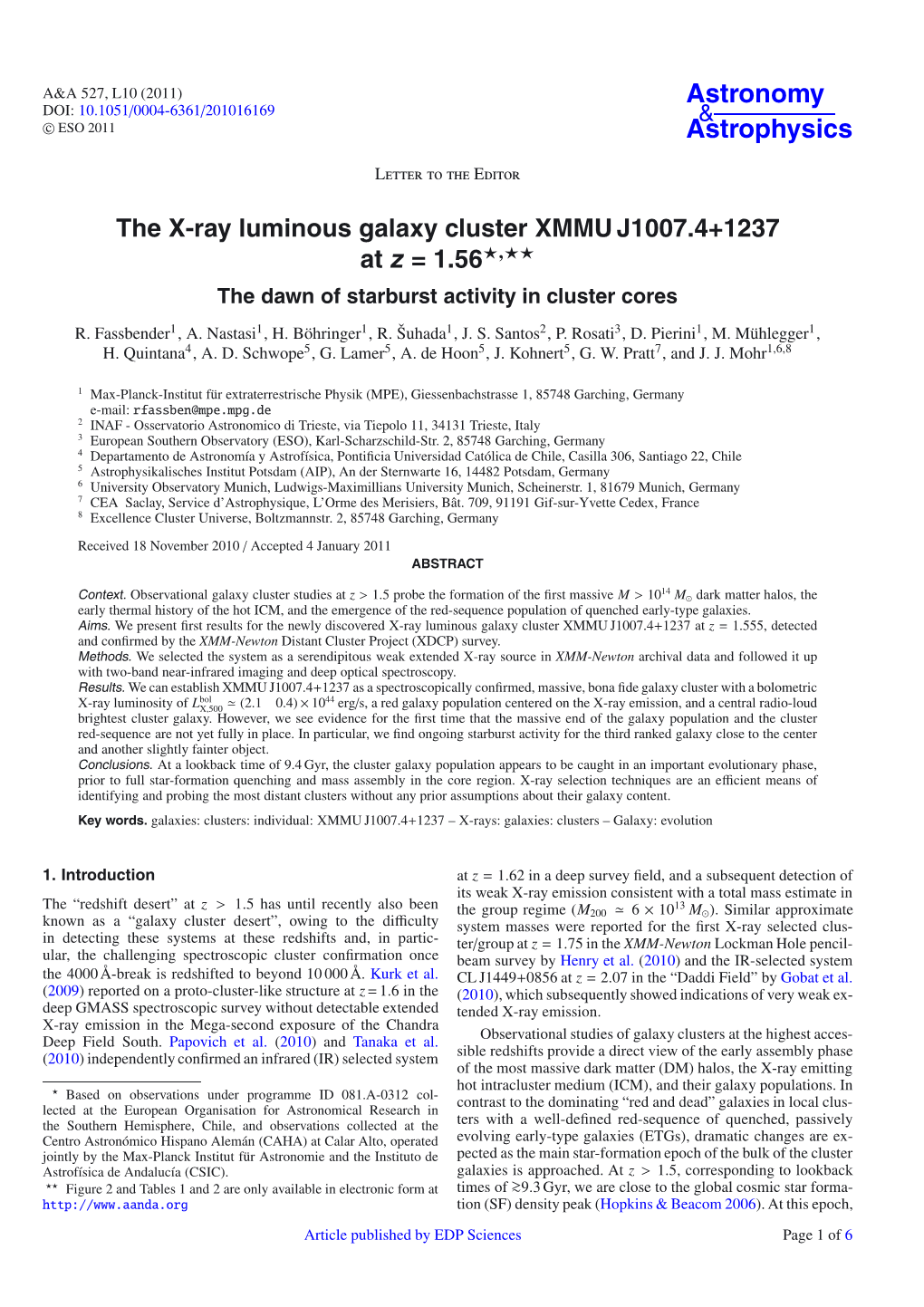 The X-Ray Luminous Galaxy Cluster XMMU J1007.4+1237 at Z = 1.56