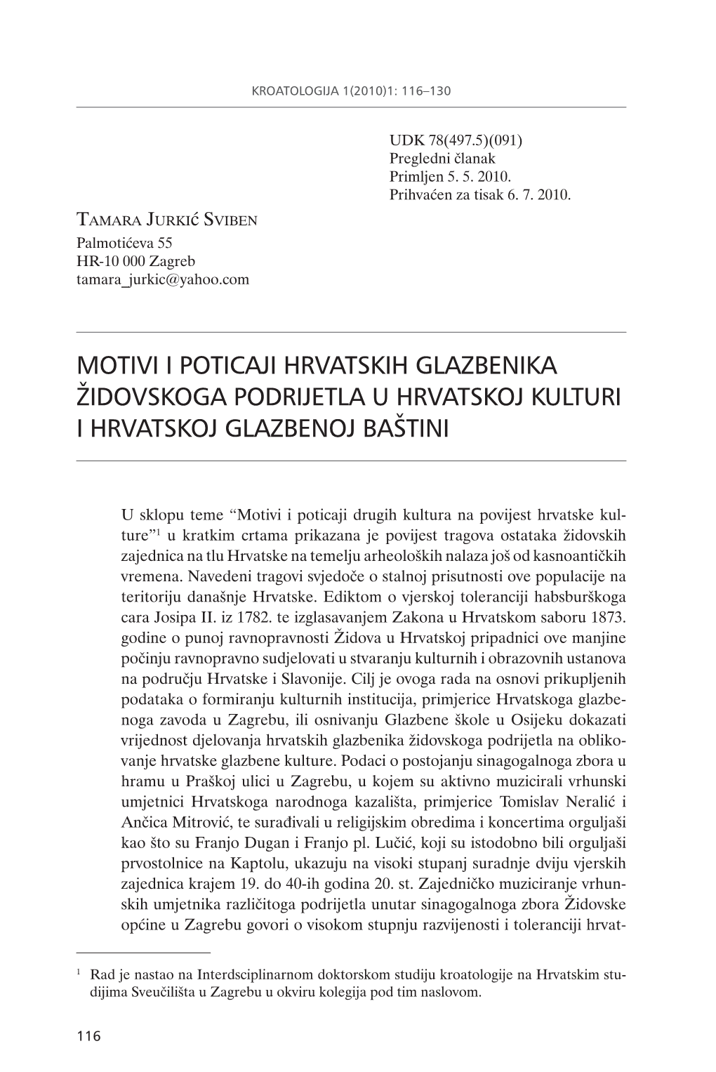 Motivi I Poticaji Hrvatskih Glazbenika @Idovskoga Podrijetla U Hrvatskoj Kulturi I Hrvatskoj Glazbenoj Ba[Tini