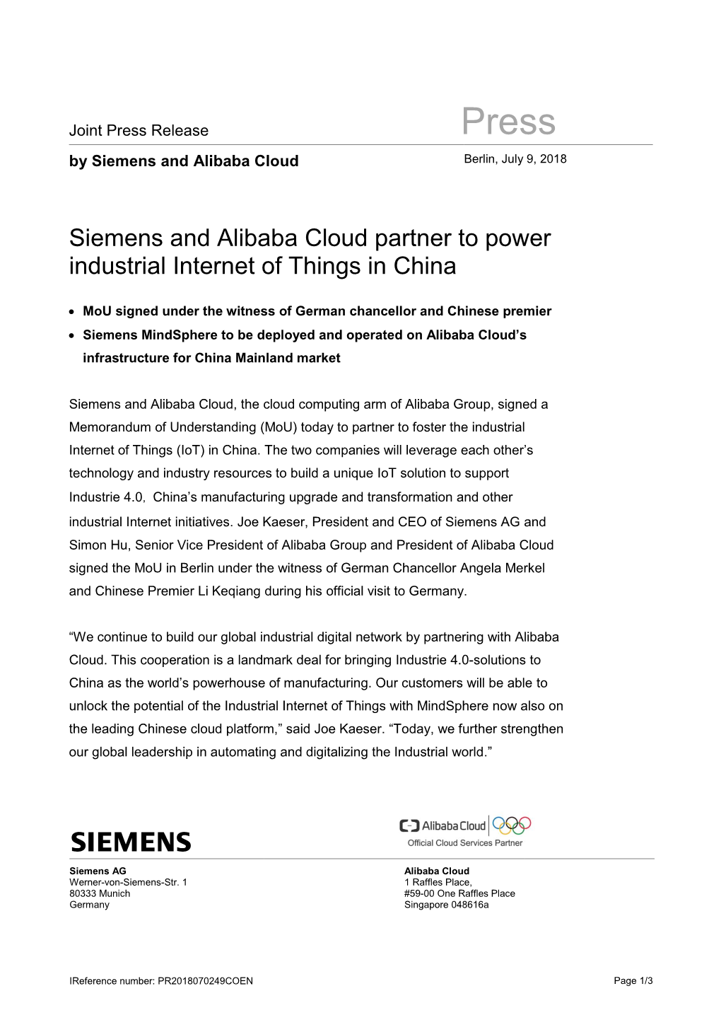 Siemens and Alibaba Cloud Partner to Power Industrial Internet of Things in China