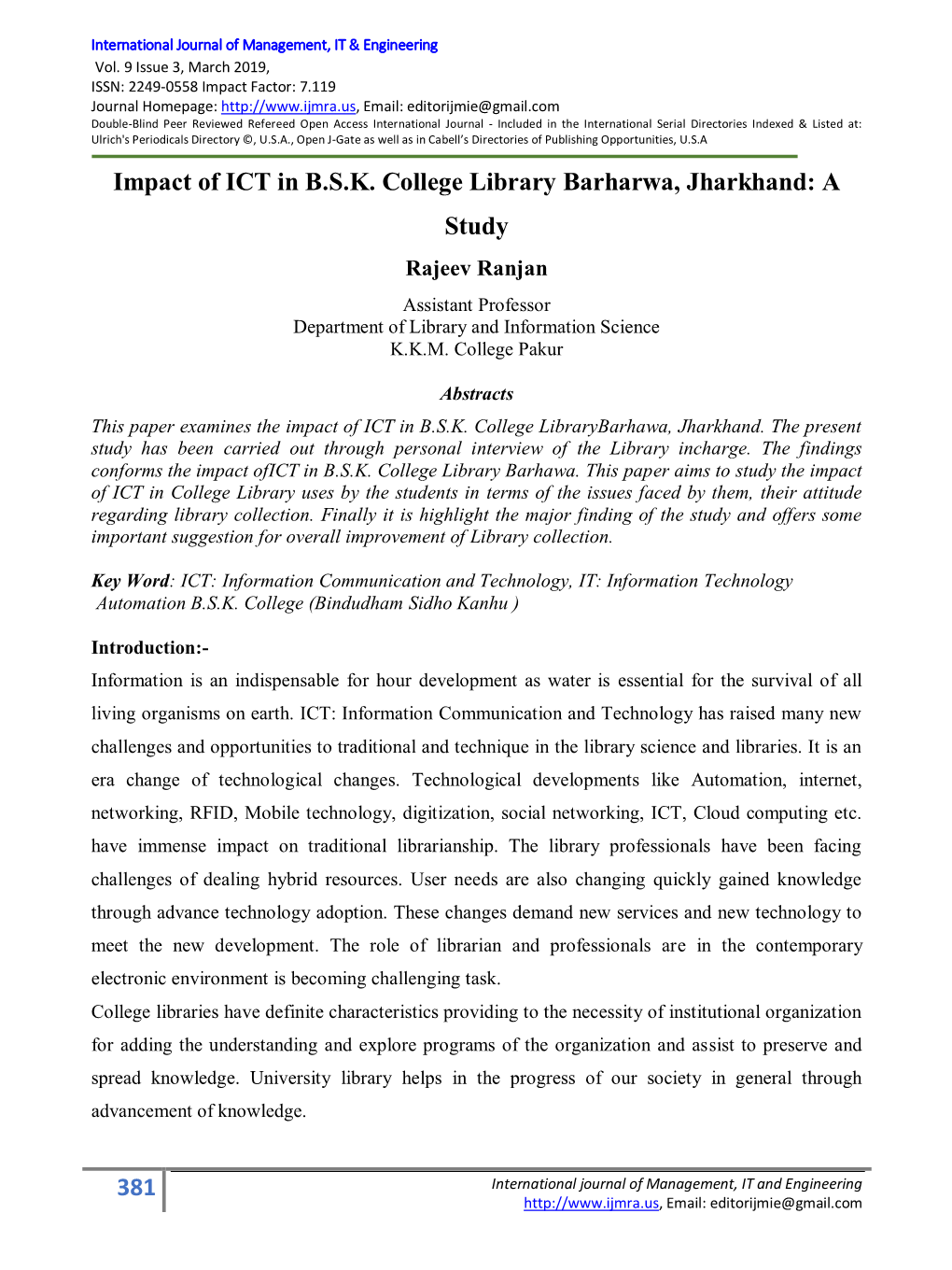 381 Impact of ICT in B.S.K. College Library Barharwa, Jharkhand: a Study