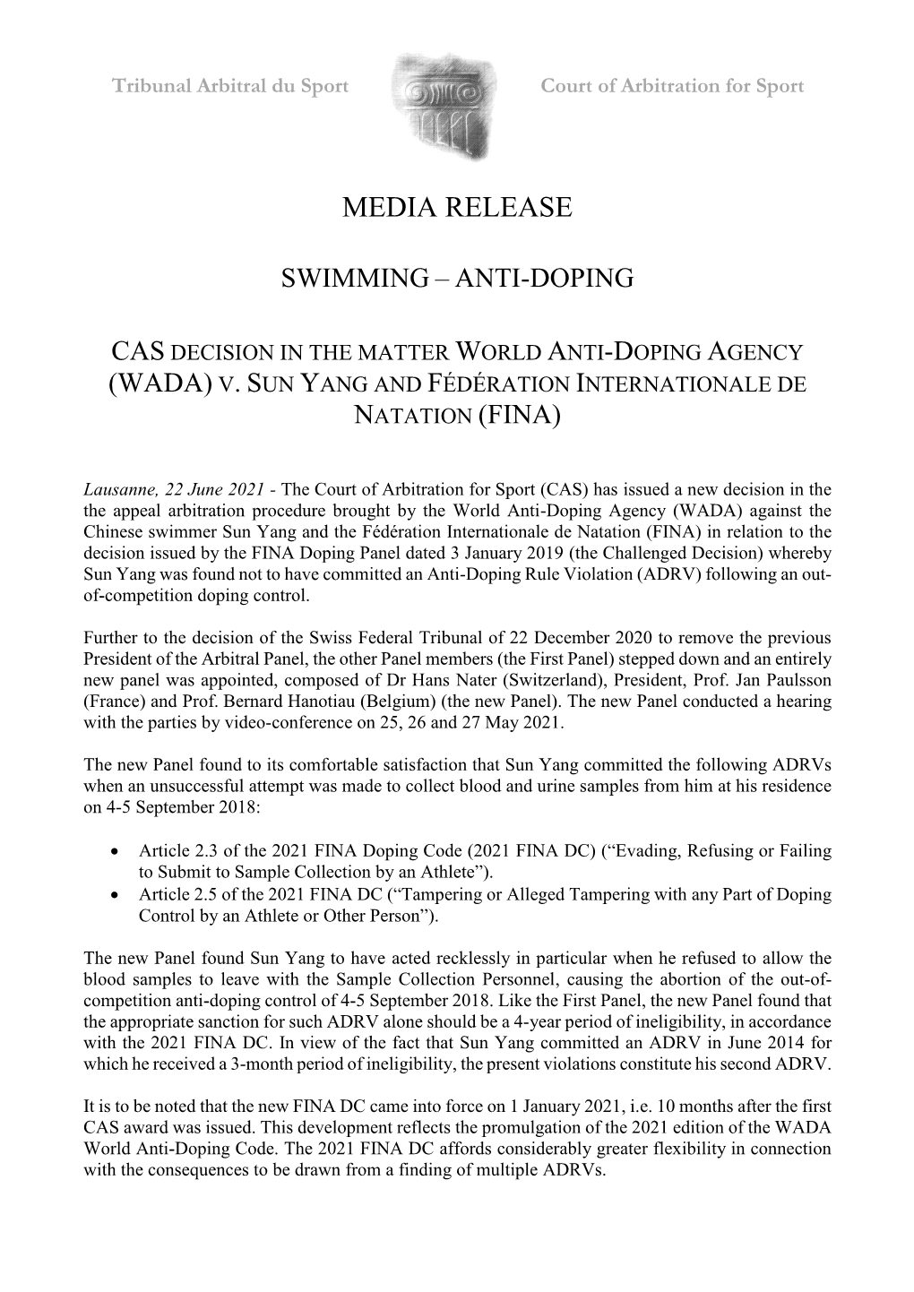 CAS Decision in the Matter WADA V. Sun Yang and FINA
