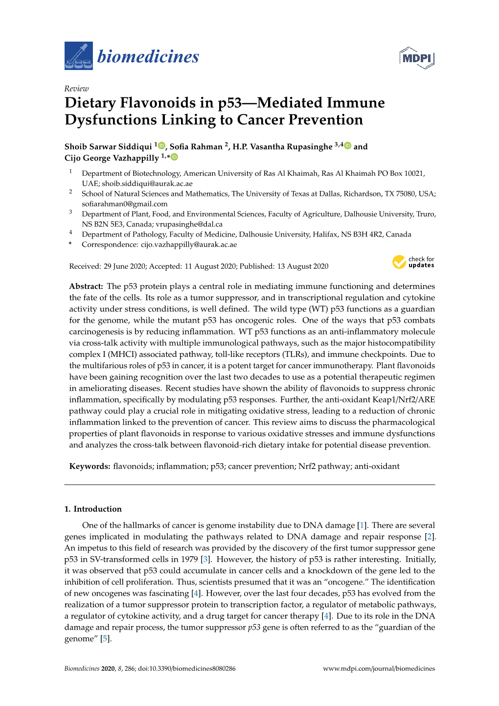 Dietary Flavonoids in P53—Mediated Immune Dysfunctions Linking to Cancer Prevention