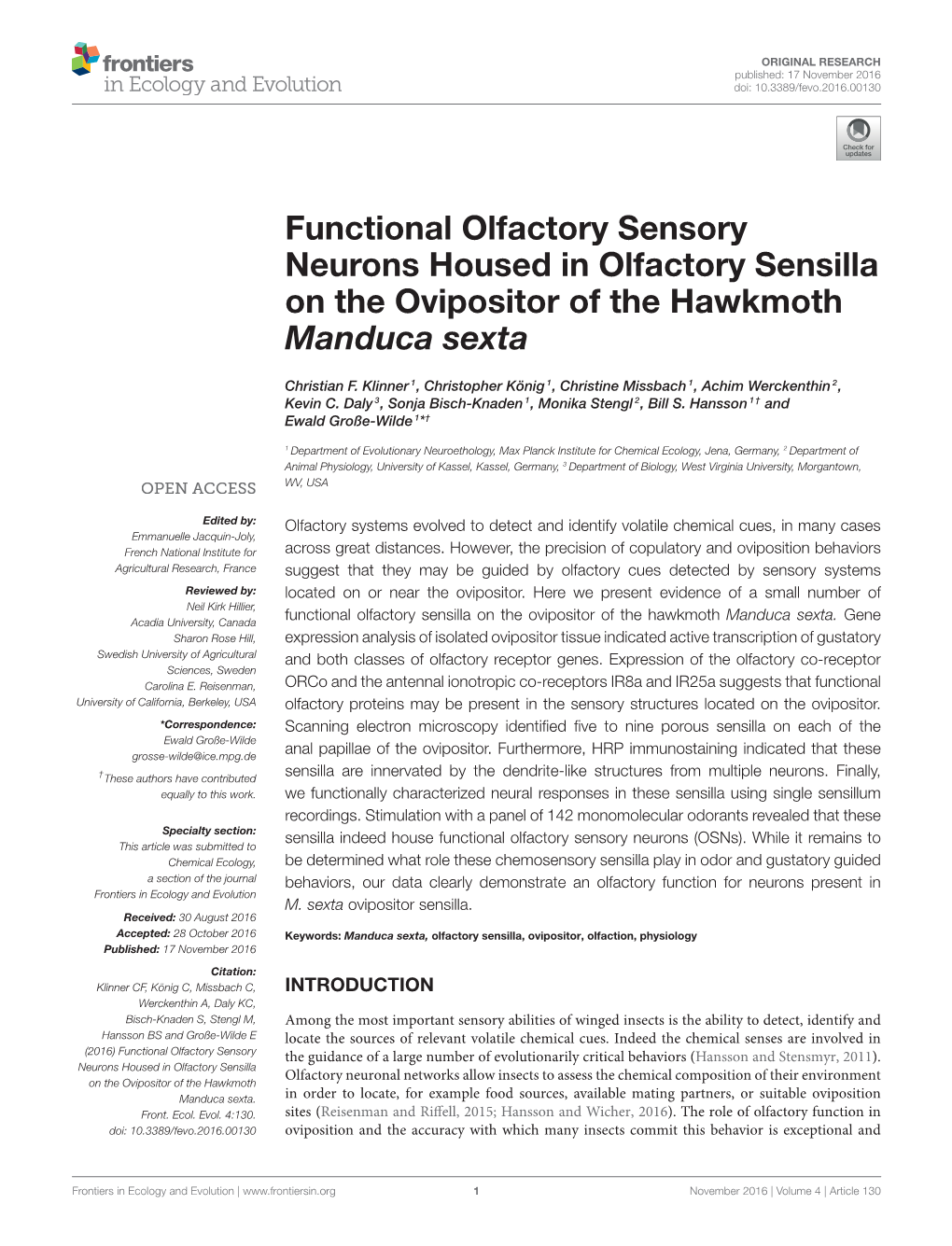 Functional Olfactory Sensory Neurons Housed in Olfactory Sensilla on the Ovipositor of the Hawkmoth Manduca Sexta