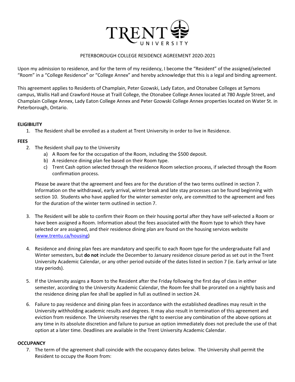 Peterborough College Residence Agreement 2020-2021