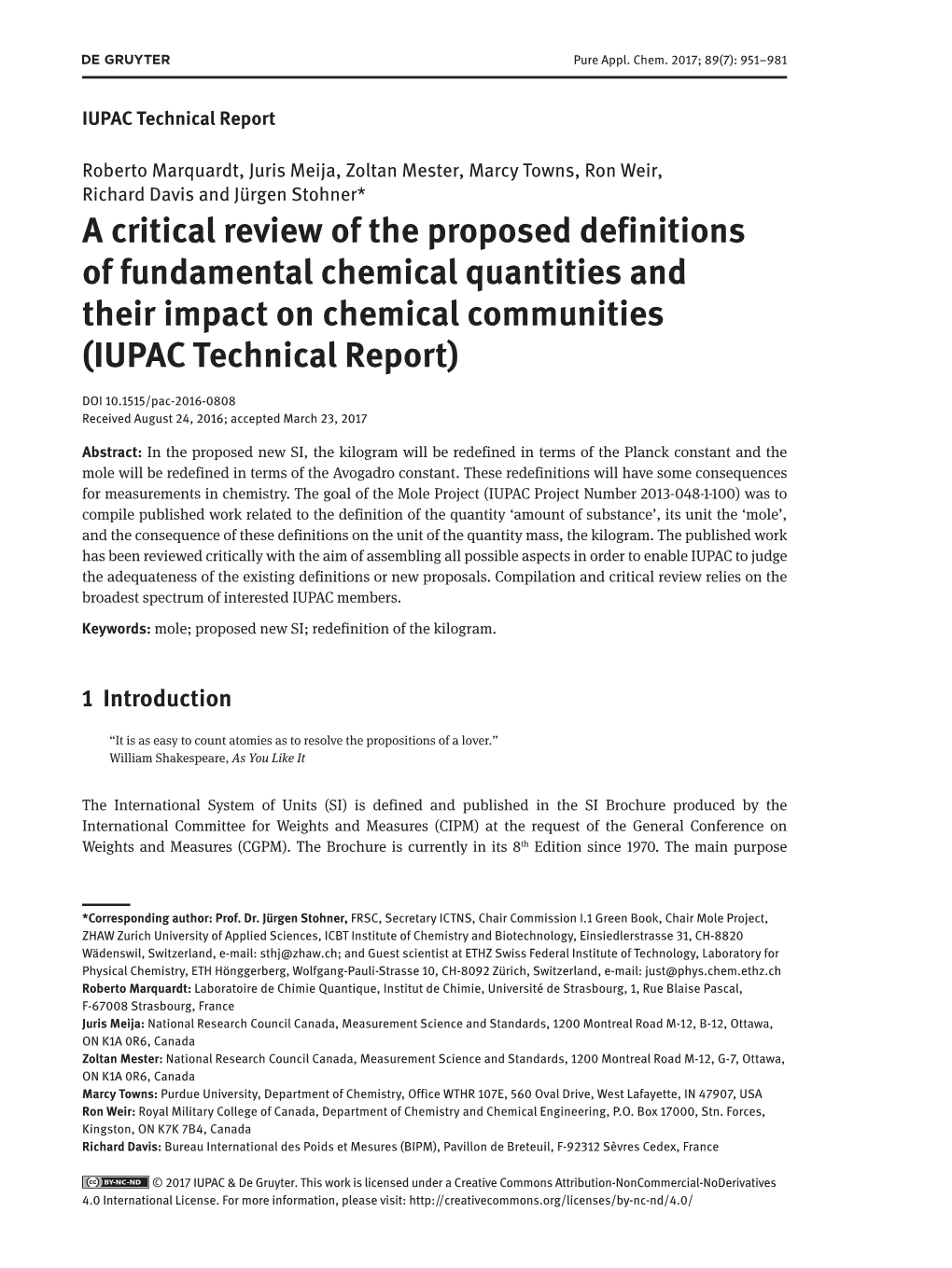 A Critical Review of the Proposed Definitions of Fundamental Chemical Quantities and Their Impact on Chemical Communities (IUPAC Technical Report)