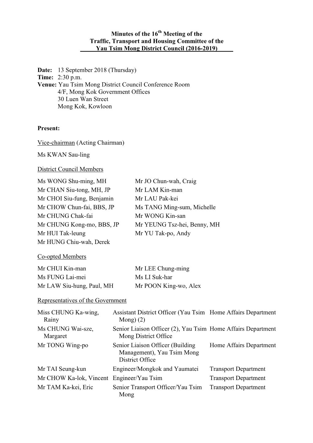 Minutes of the 16 Meeting of the Traffic, Transport and Housing