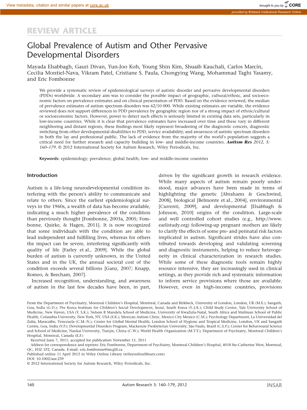 Global Prevalence of Autism and Other Pervasive Developmental