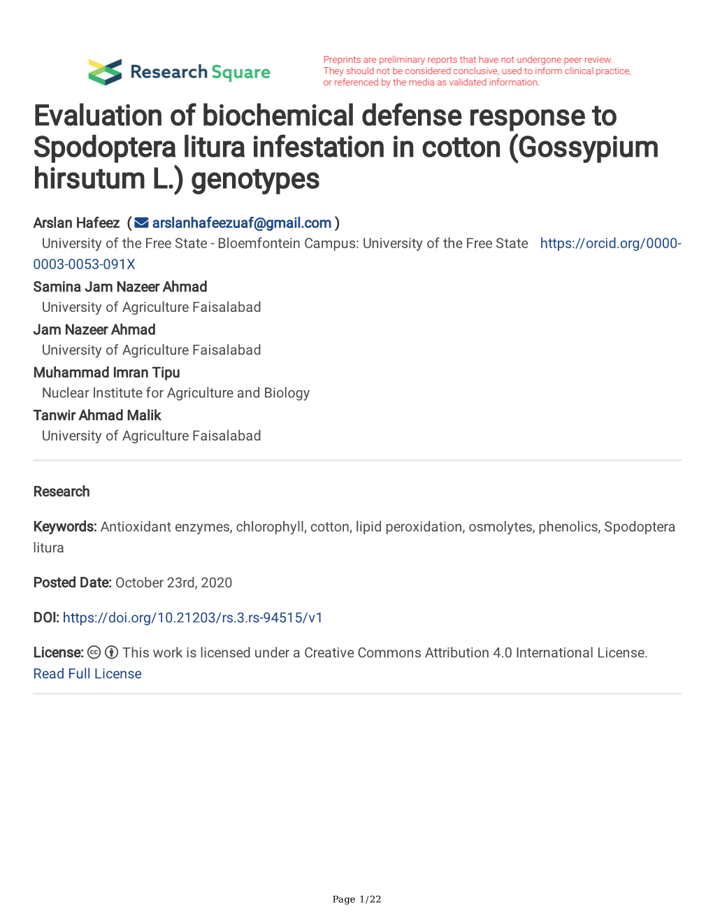 Evaluation of Biochemical Defense Response to Spodoptera Litura Infestation in Cotton (Gossypium Hirsutum L.) Genotypes
