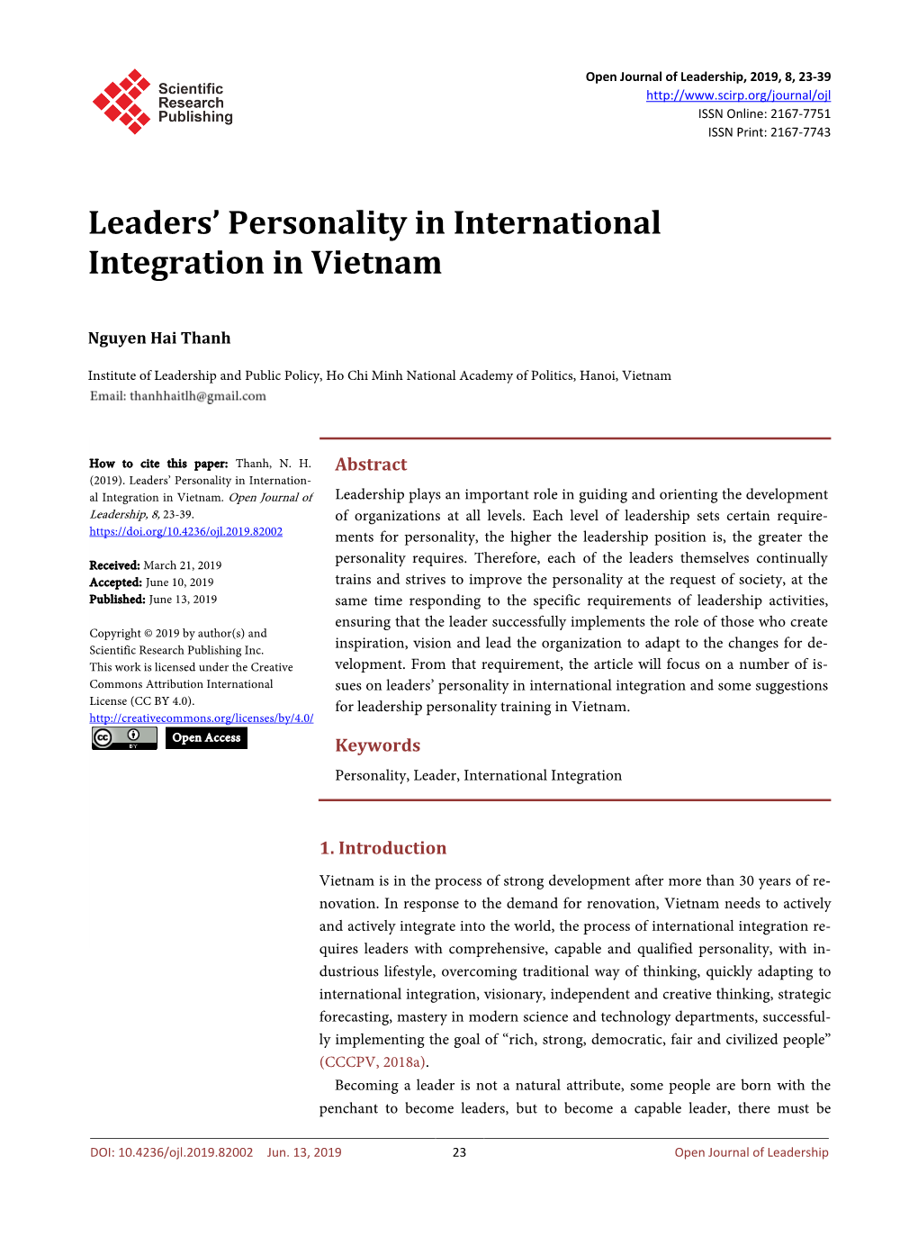 Leaders' Personality in International Integration in Vietnam