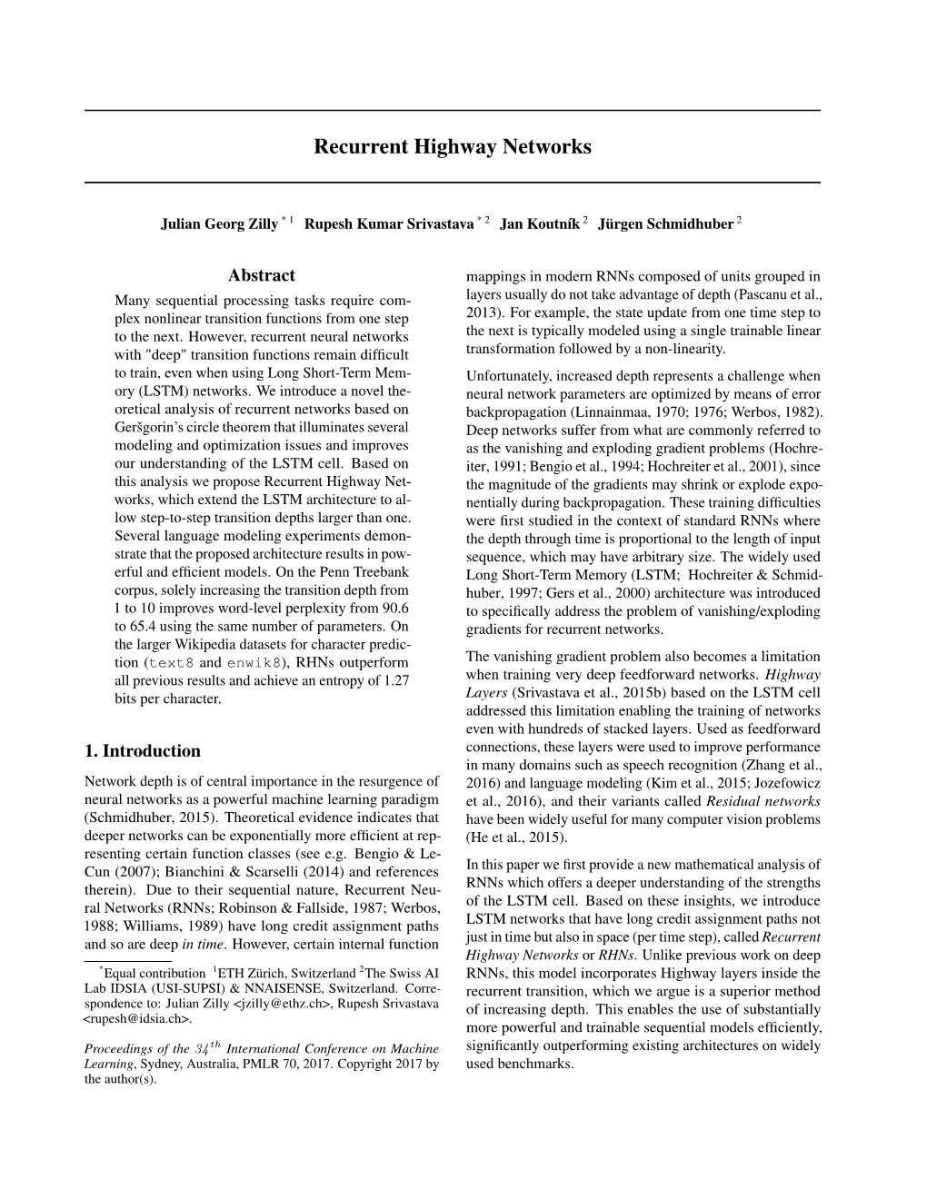 Recurrent Highway Networks