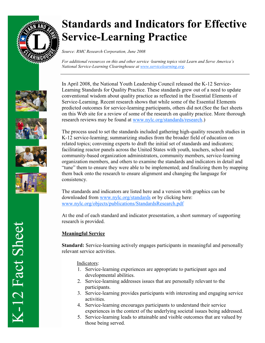 Standards and Indicators for Effective Service-Learning Practice