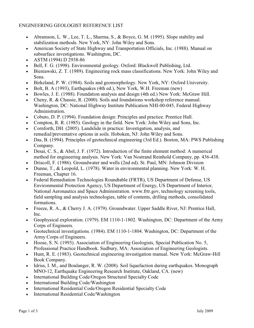 Engineering Geology Exam Reference List 2009