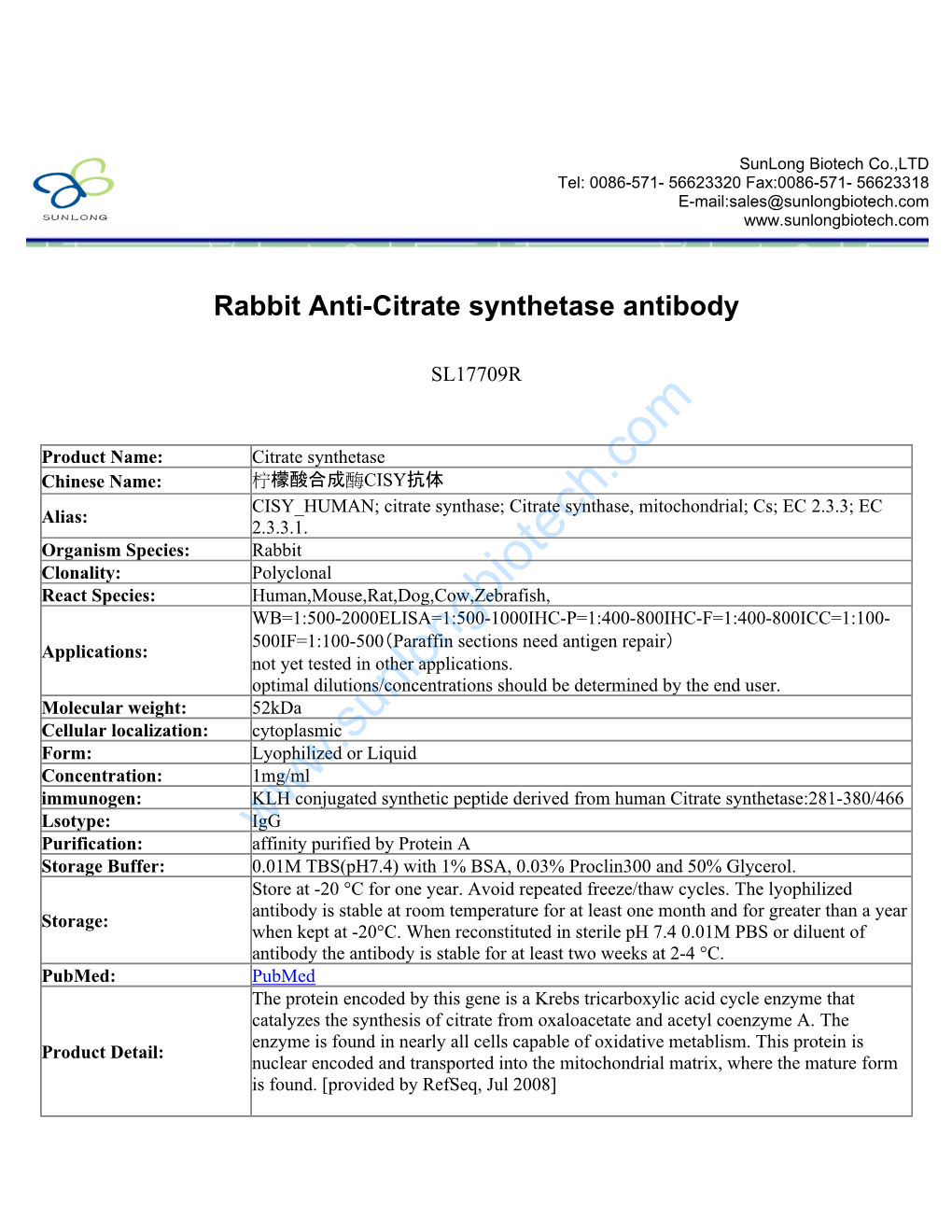 Rabbit Anti-Citrate Synthetase Antibody-SL17709R
