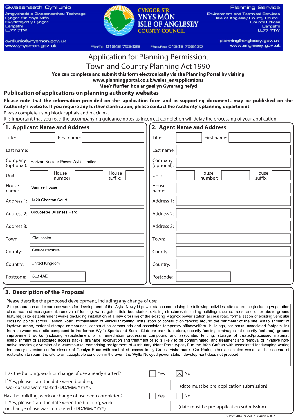 Application for Planning Permission. Town and Country Planning Act 1990