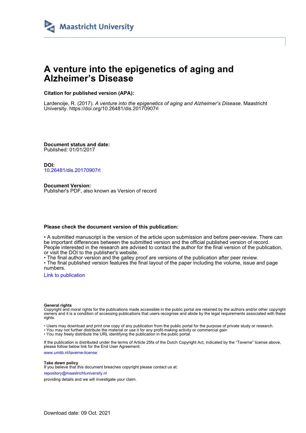 A Venture Into the Epigenetics of Aging and Alzheimer's Disease