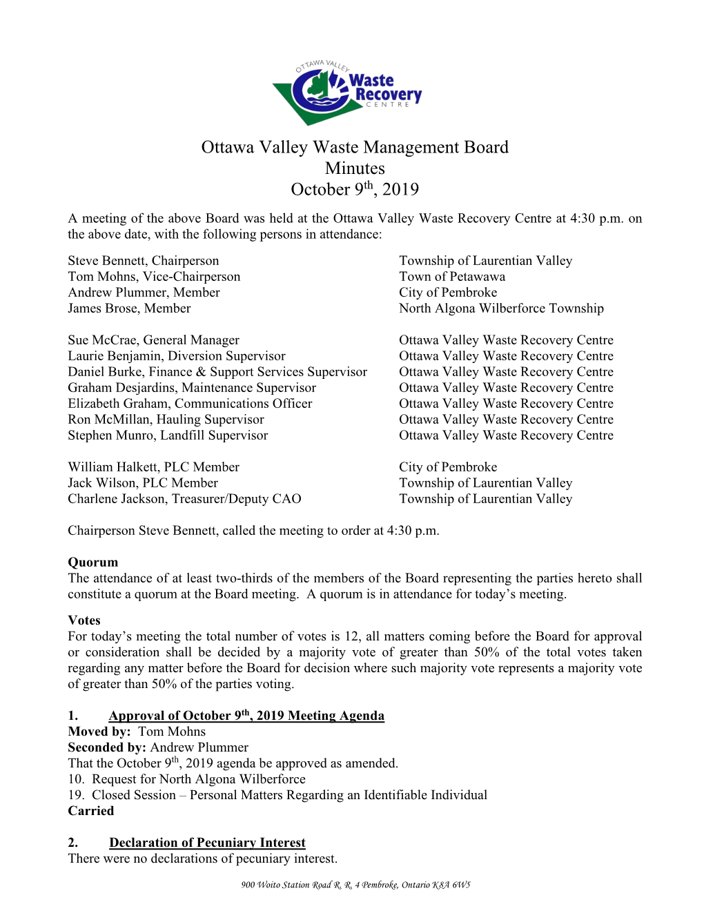 Ottawa Valley Waste Management Board Minutes October 9Th, 2019