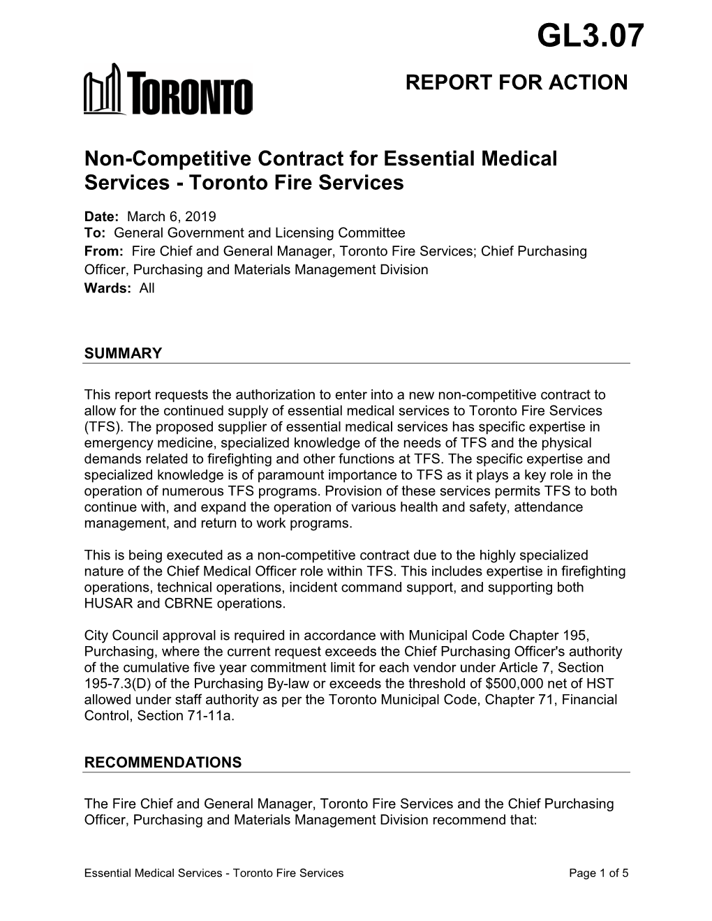 Non-Competitive Contract for Essential Medical Services - Toronto Fire Services