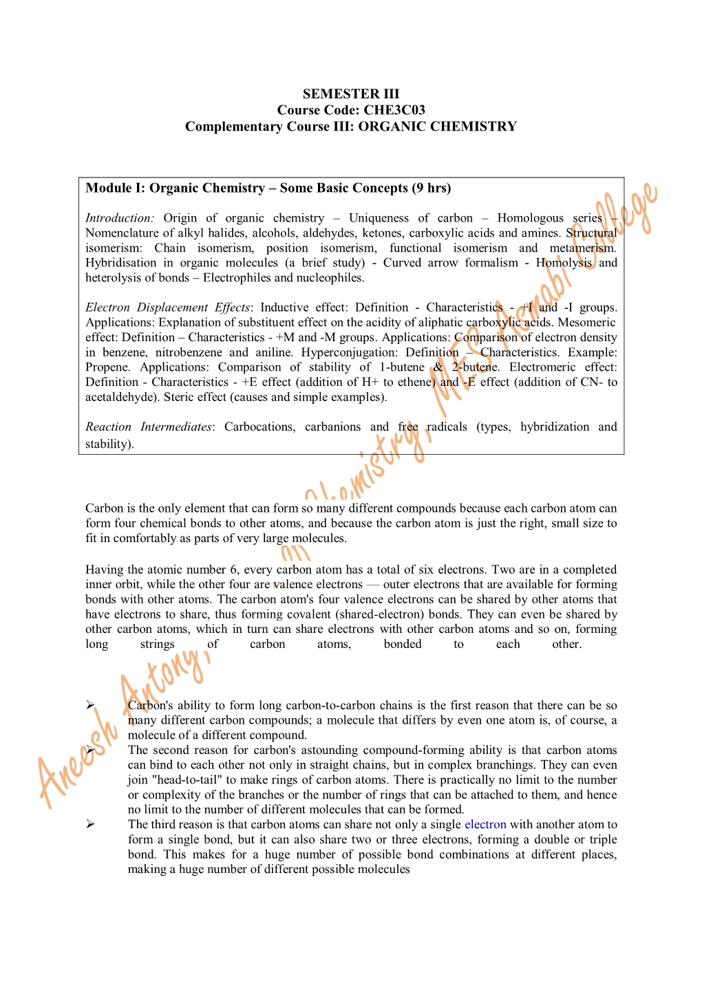 CHE3C03 Complementary Course III: ORGANIC CHEMISTRY Module I