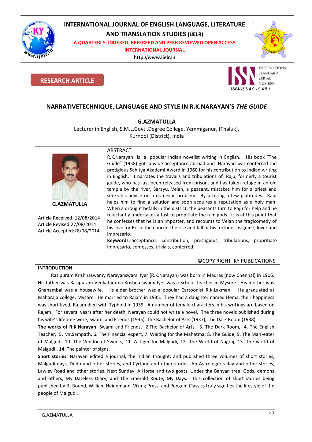 Narrativetechnique, Language and Style in R.K.Narayan’S the Guide