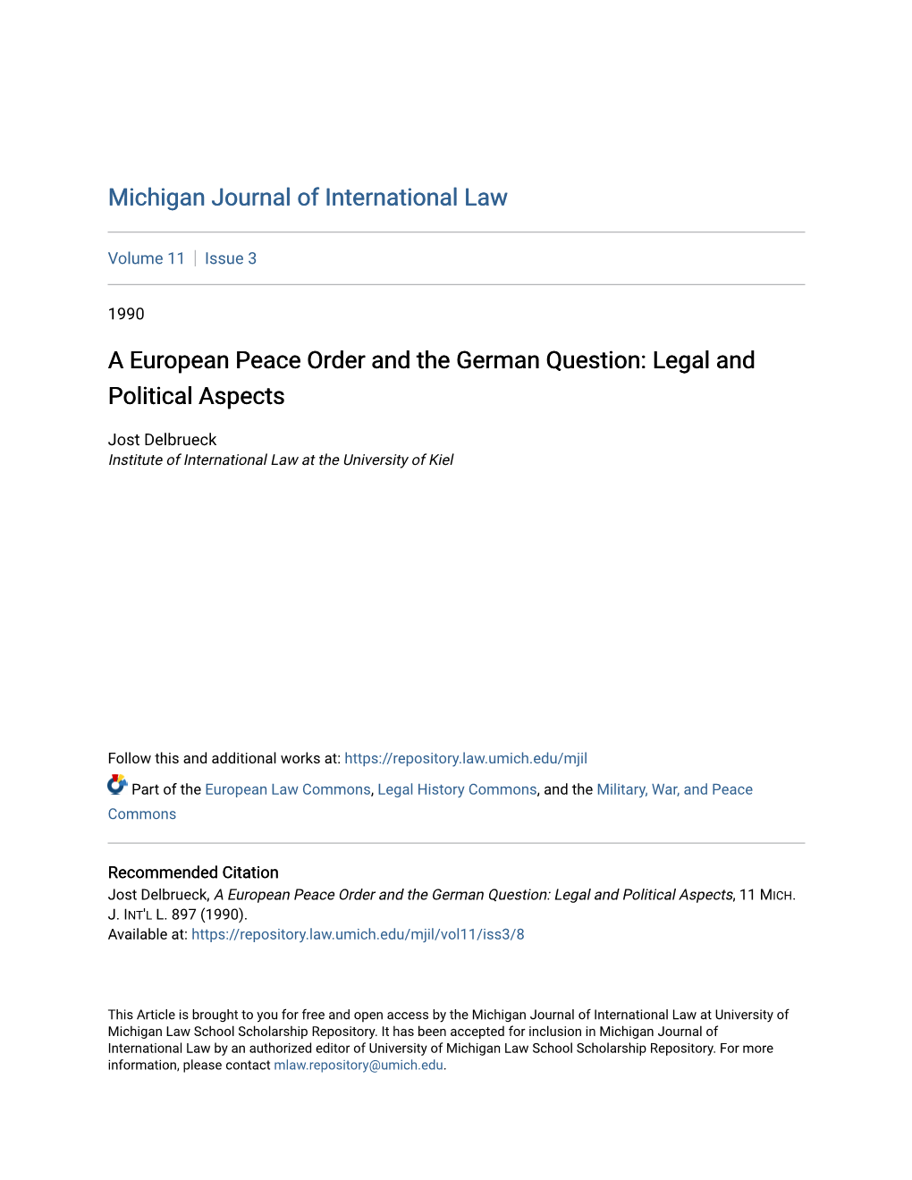 A European Peace Order and the German Question: Legal and Political Aspects