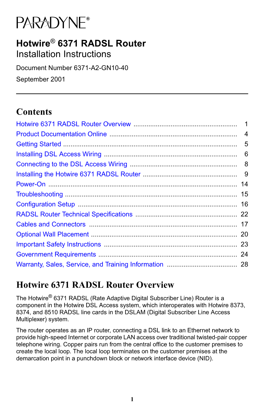 Hotwire 6371 RADSL Router Installation Instructions