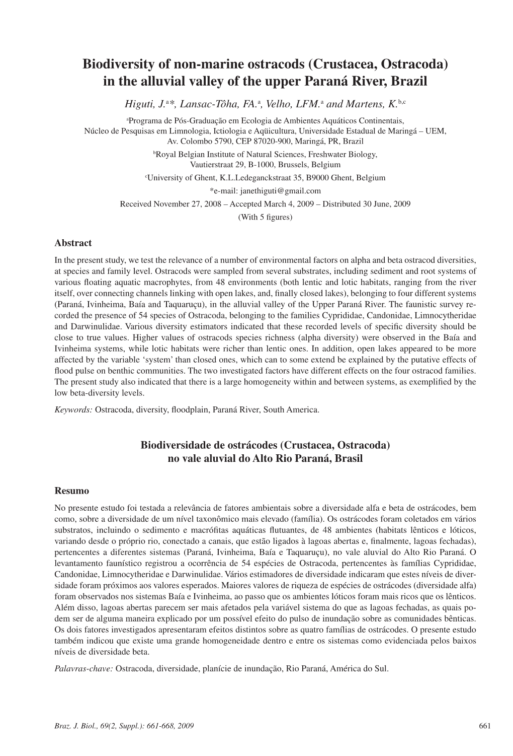 Biodiversity of Non-Marine Ostracods (Crustacea, Ostracoda) in the Alluvial Valley of the Upper Paraná River, Brazil