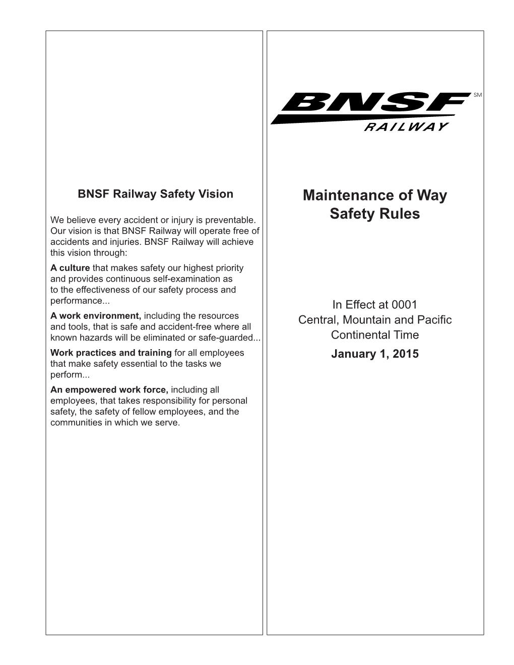 Maintenance of Way Safety Rules—January 1, 2015