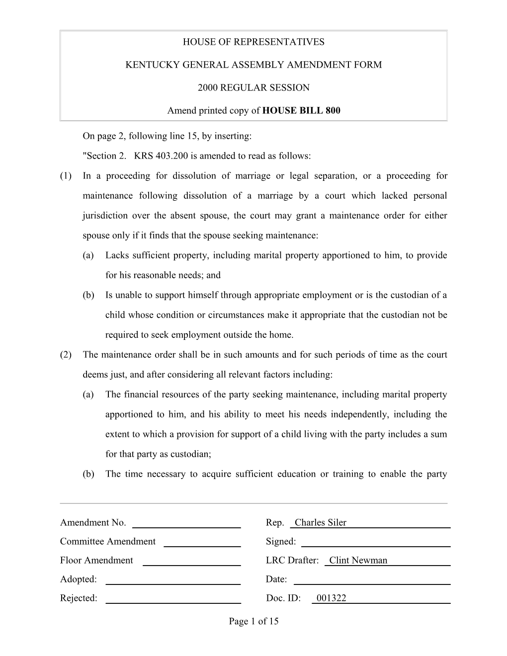 Kentucky General Assembly Amendment Form s8