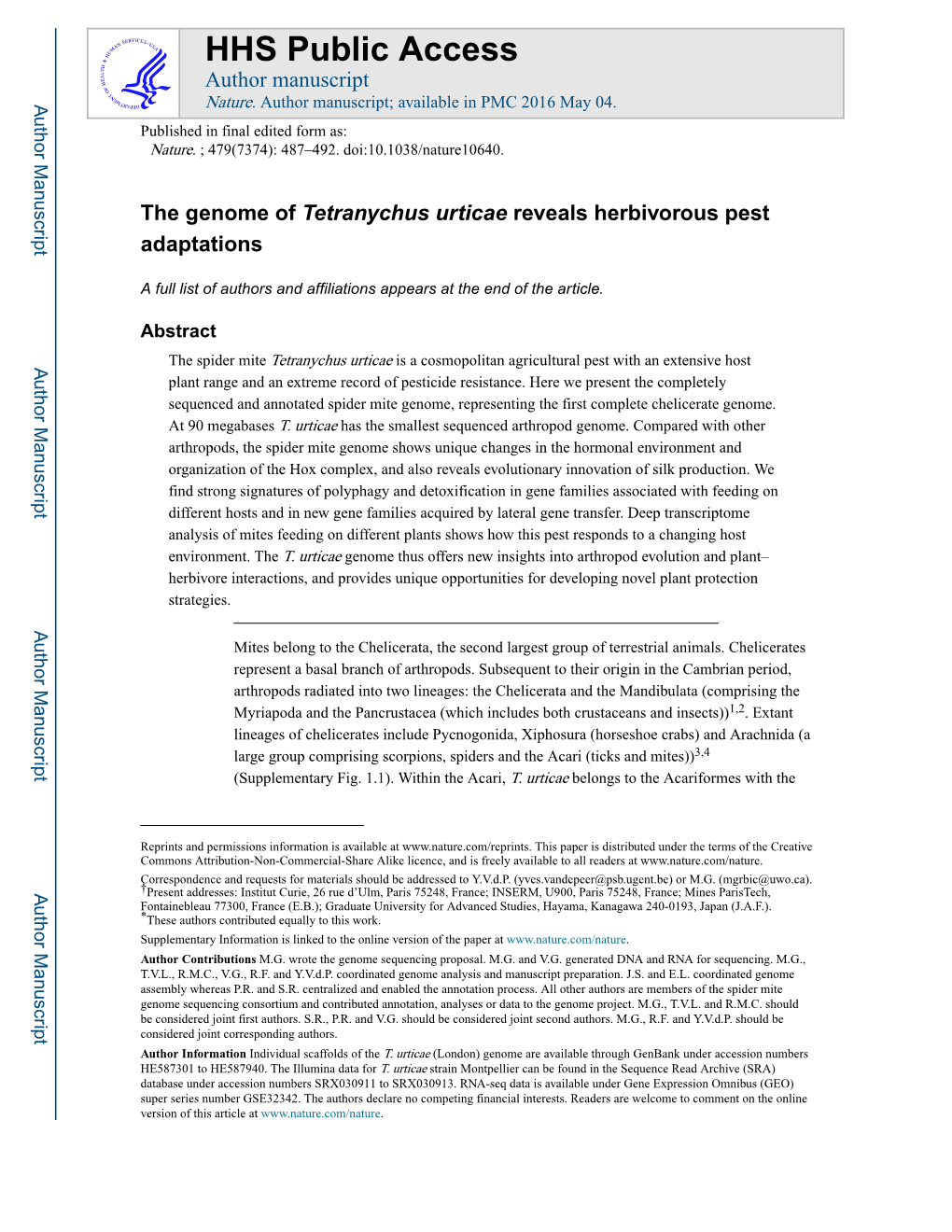 The Genome of Tetranychus Urticae Reveals Herbivorous Pest Adaptations