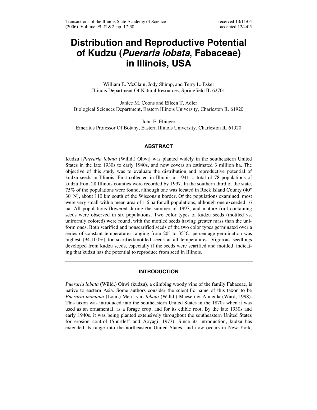 Distribution and Reproductive Potential of Kudzu (Pueraria Lobata, Fabaceae) in Illinois, USA