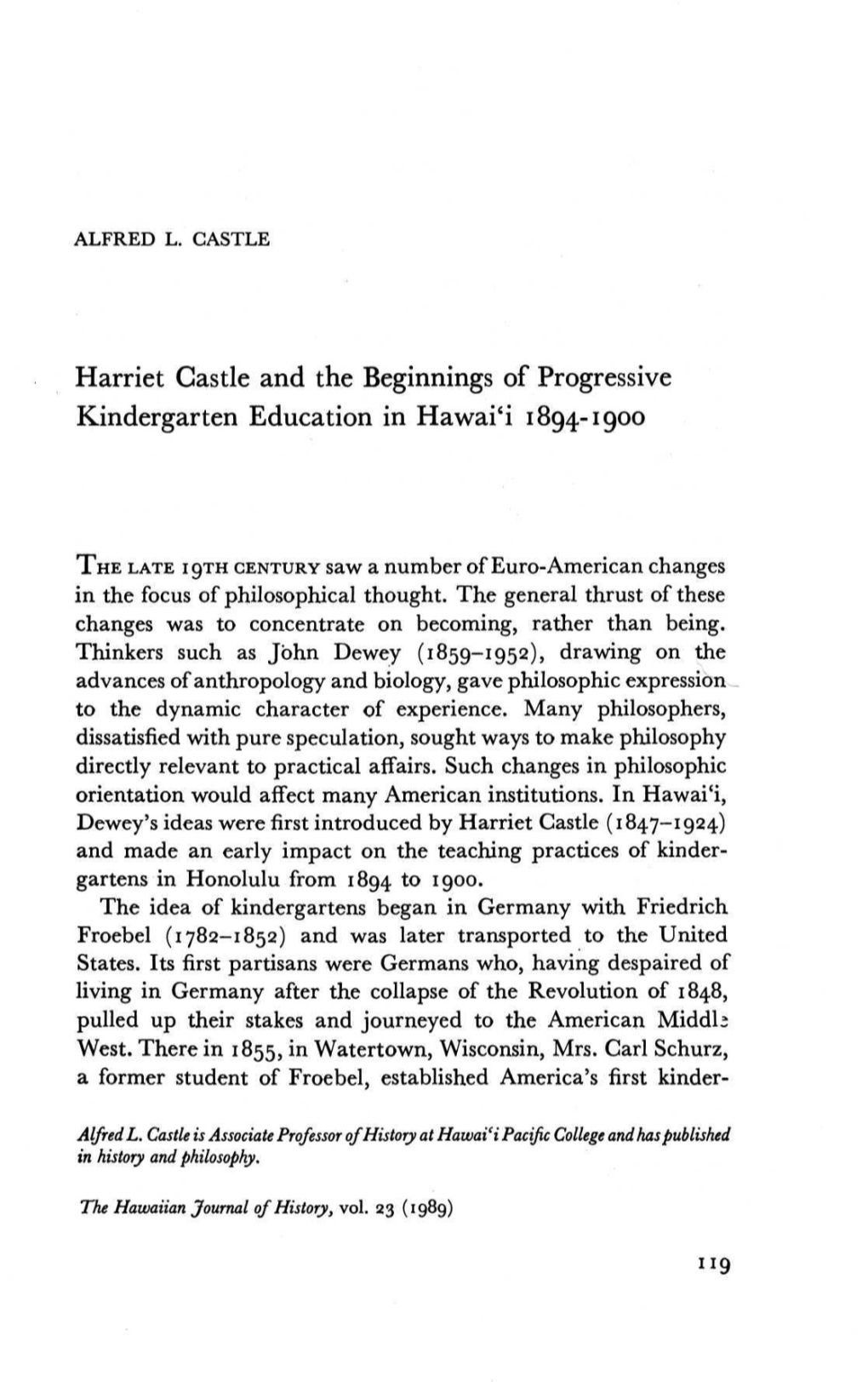 Harriet Castle and the Beginnings of Progressive Kindergarten Education in Hawai'i 1894-1900