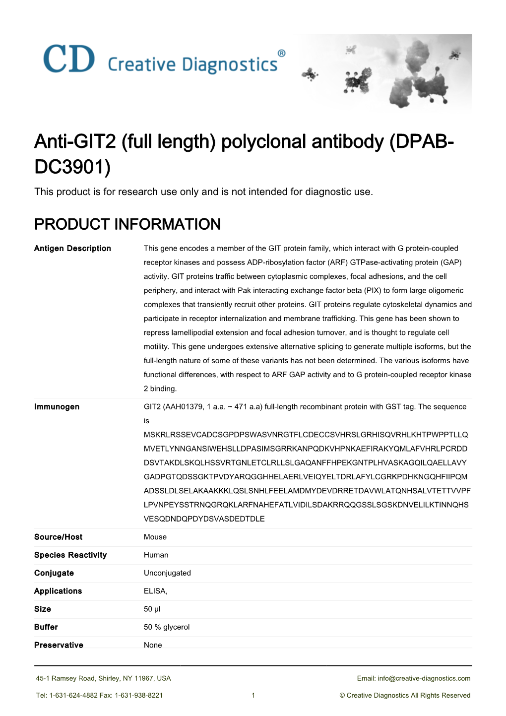 Anti-GIT2 (Full Length) Polyclonal Antibody (DPAB- DC3901) This Product Is for Research Use Only and Is Not Intended for Diagnostic Use