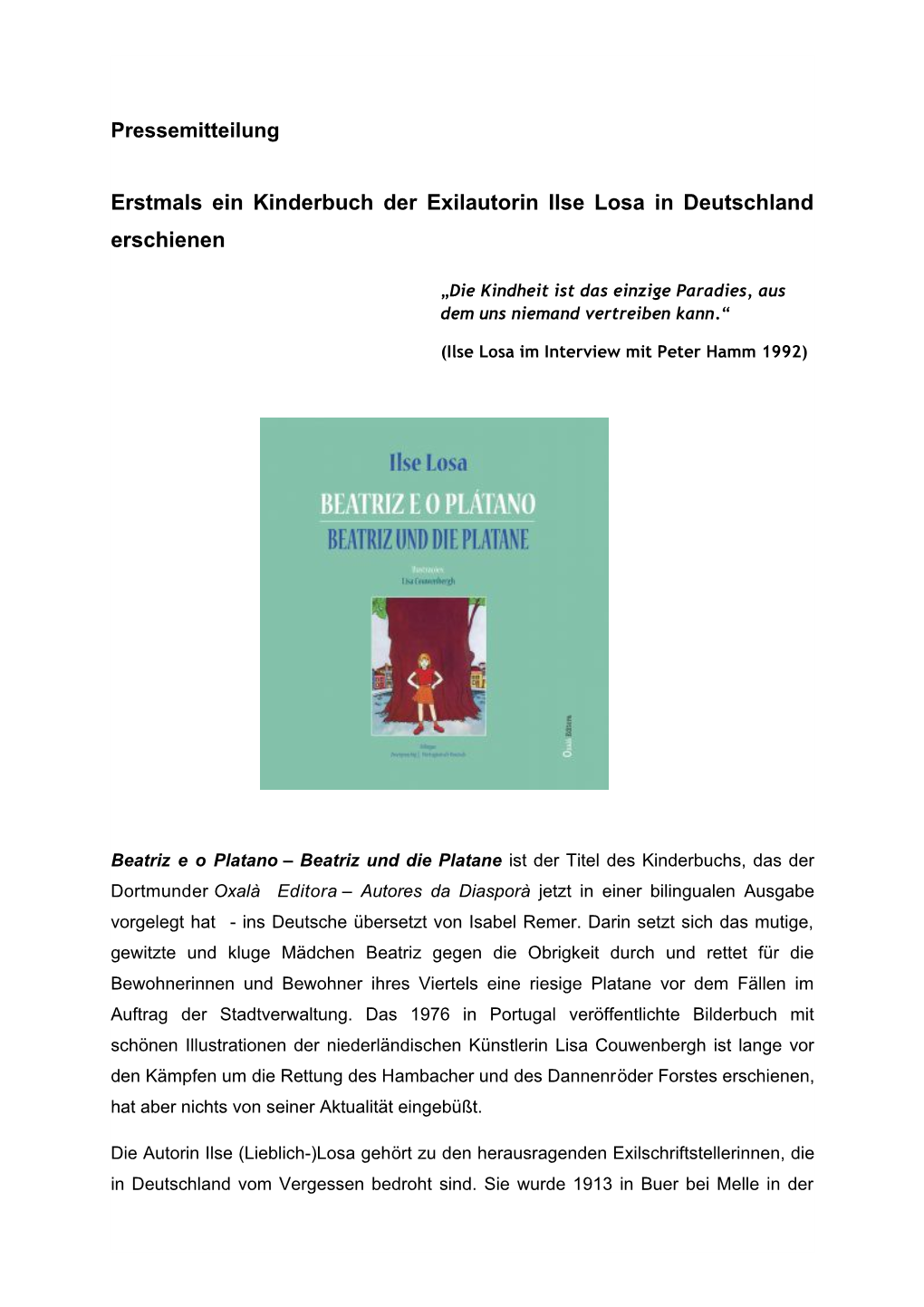 Erstmals Ein Kinderbuch Der Exilautorin Ilse Losa in Deutschland Erschienen