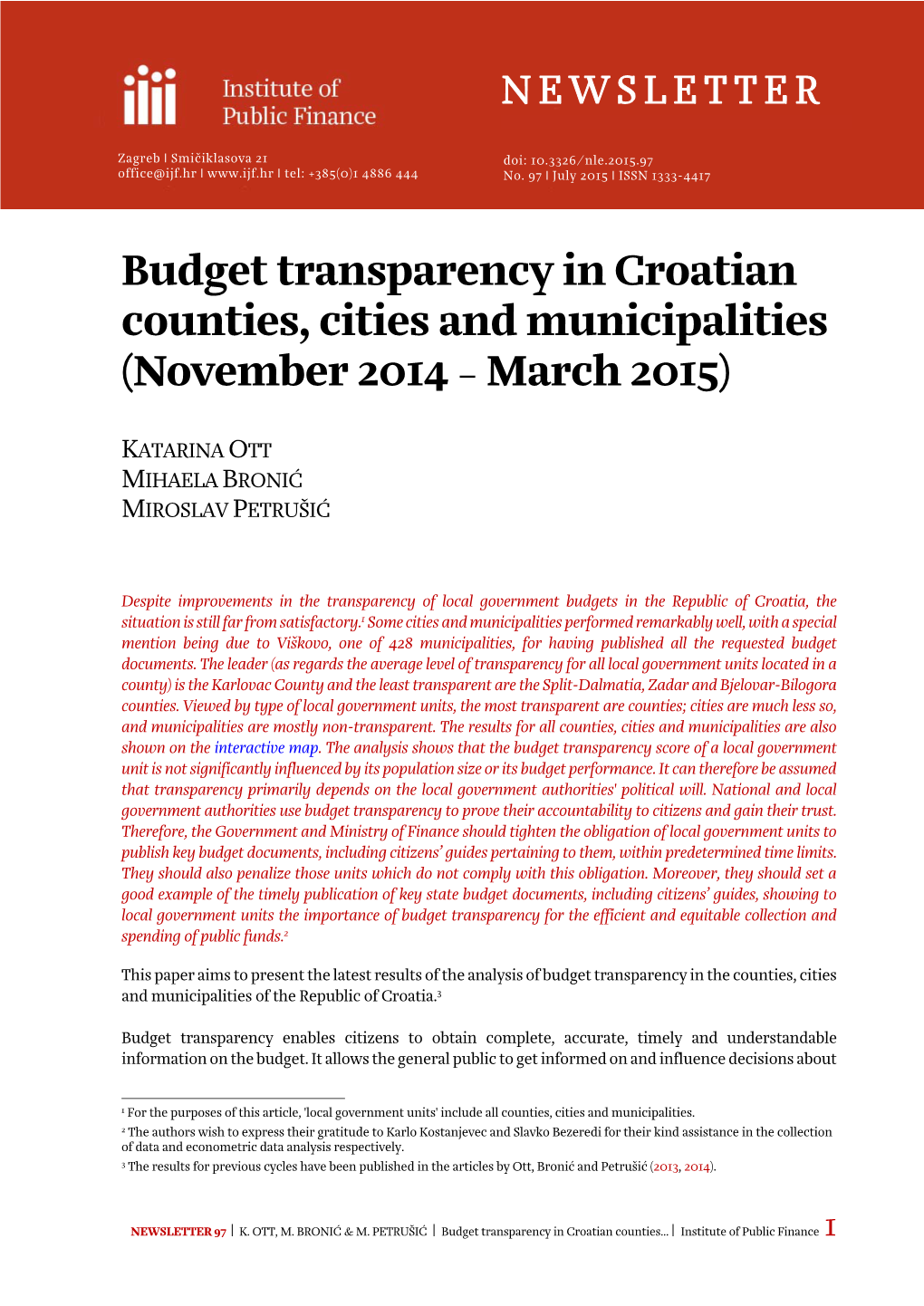 Budget Transparency in Croatian Counties, Cities and Municipalities (November 2014 – March 2015)