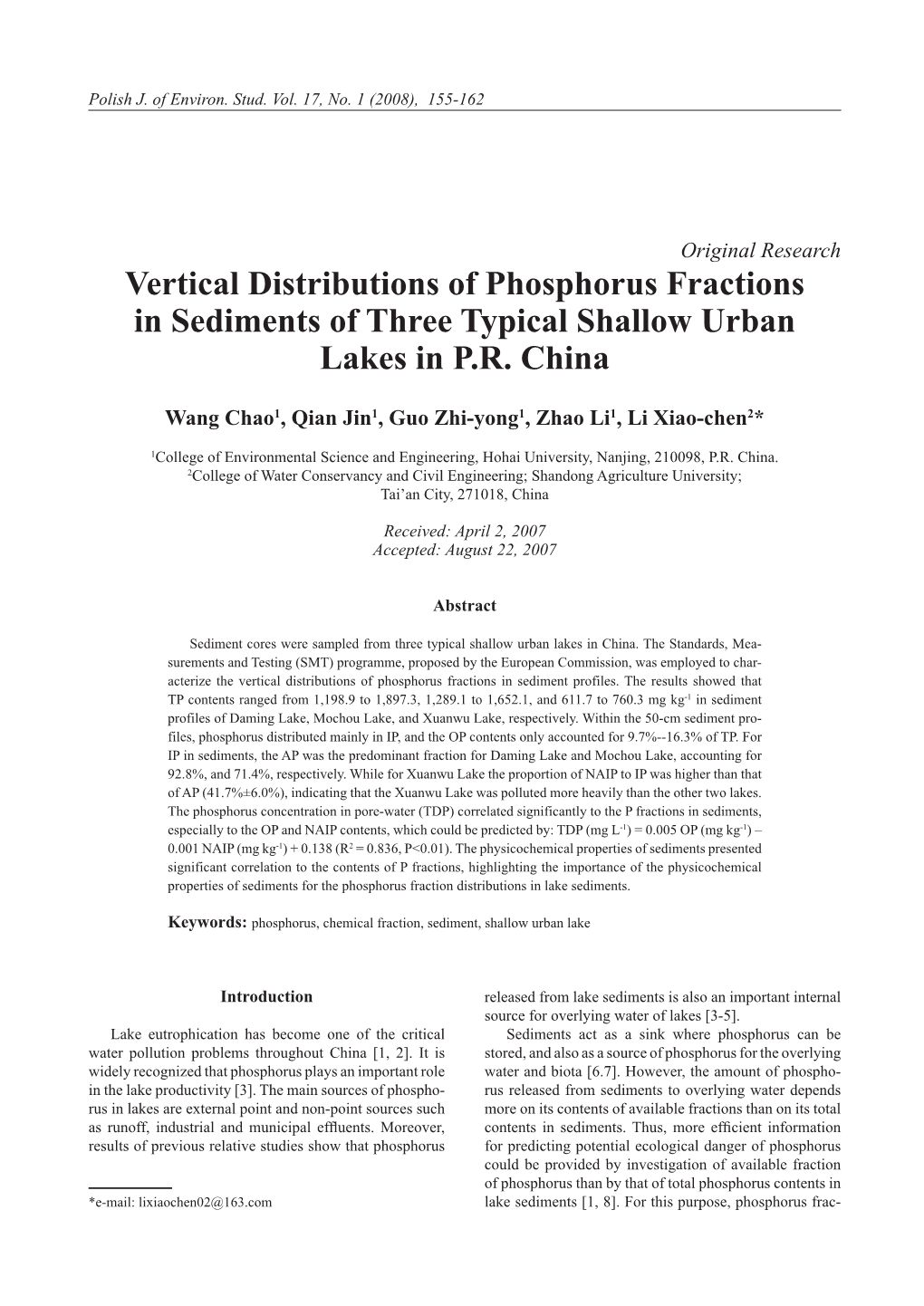 Vertical Distributions of Phosphorus Fractions in Sediments of Three Typical Shallow Urban Lakes in P.R