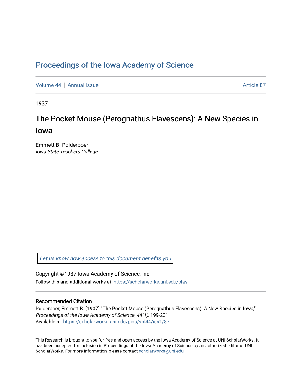 The Pocket Mouse (Perognathus Flavescens): a New Species in Iowa