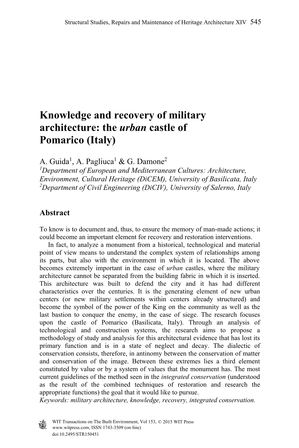 Knowledge and Recovery of Military Architecture: the Urban Castle of Pomarico (Italy)