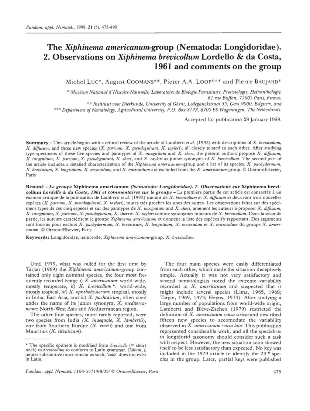 The Xiphinema Americanum-Group (Nematoda : Longidoridae) : 2. Observations on Xiphinema Brevicollum Lordello and Da Costa, 1961