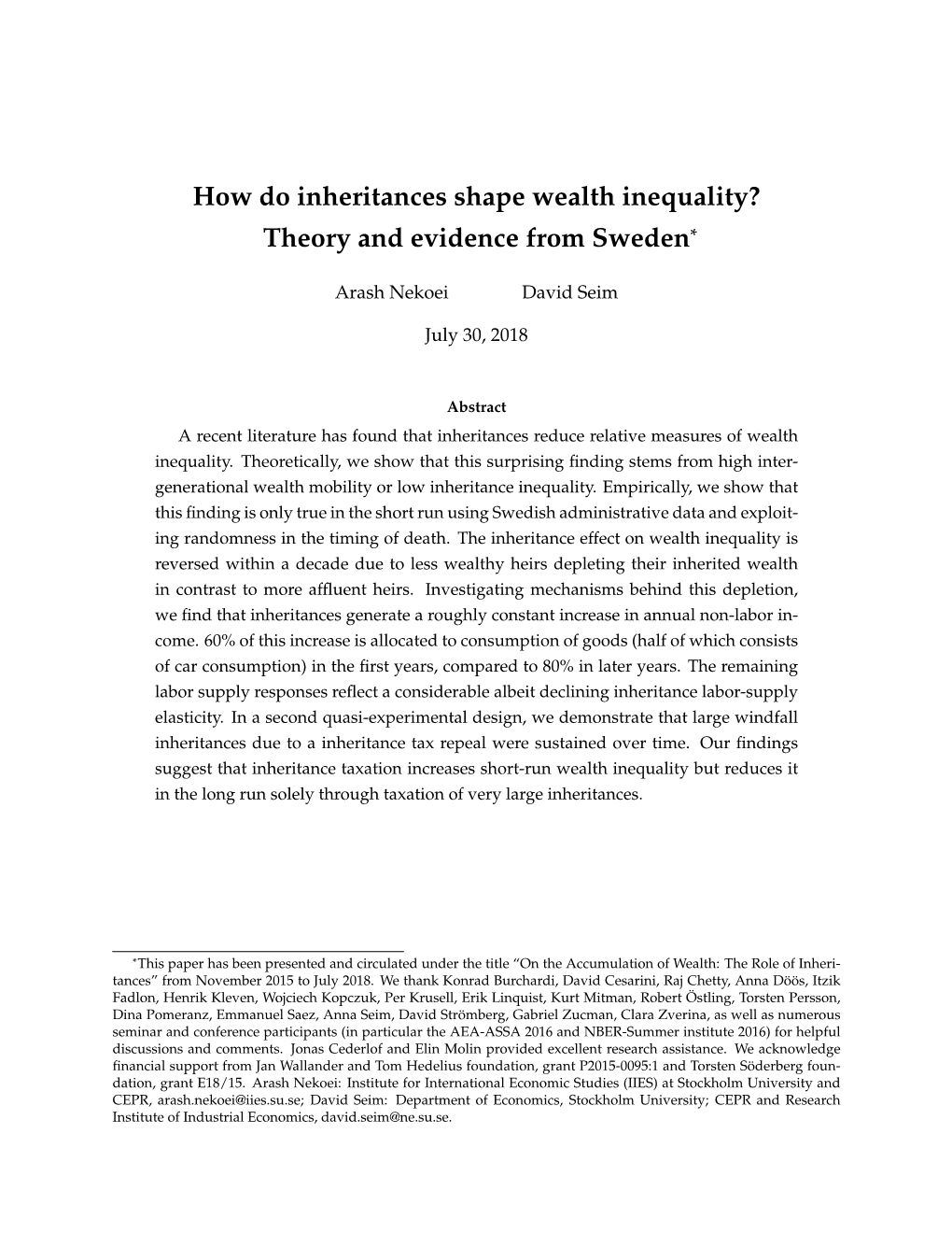 How Do Inheritances Shape Wealth Inequality? Theory and Evidence from Sweden*
