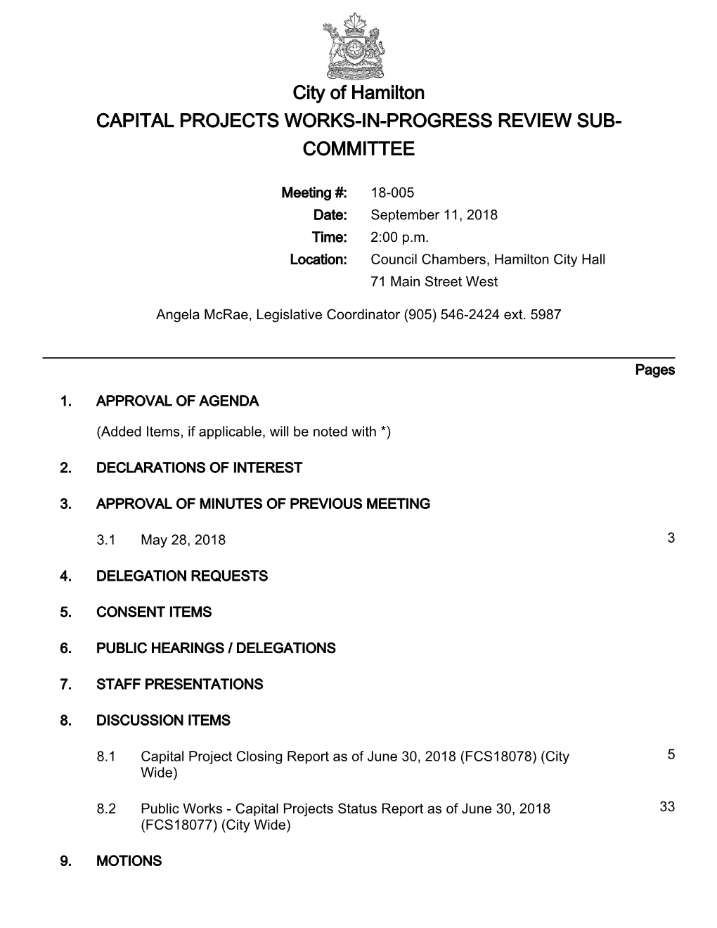 Capital Projects Works-In-Progress Review Sub-Committee Agenda