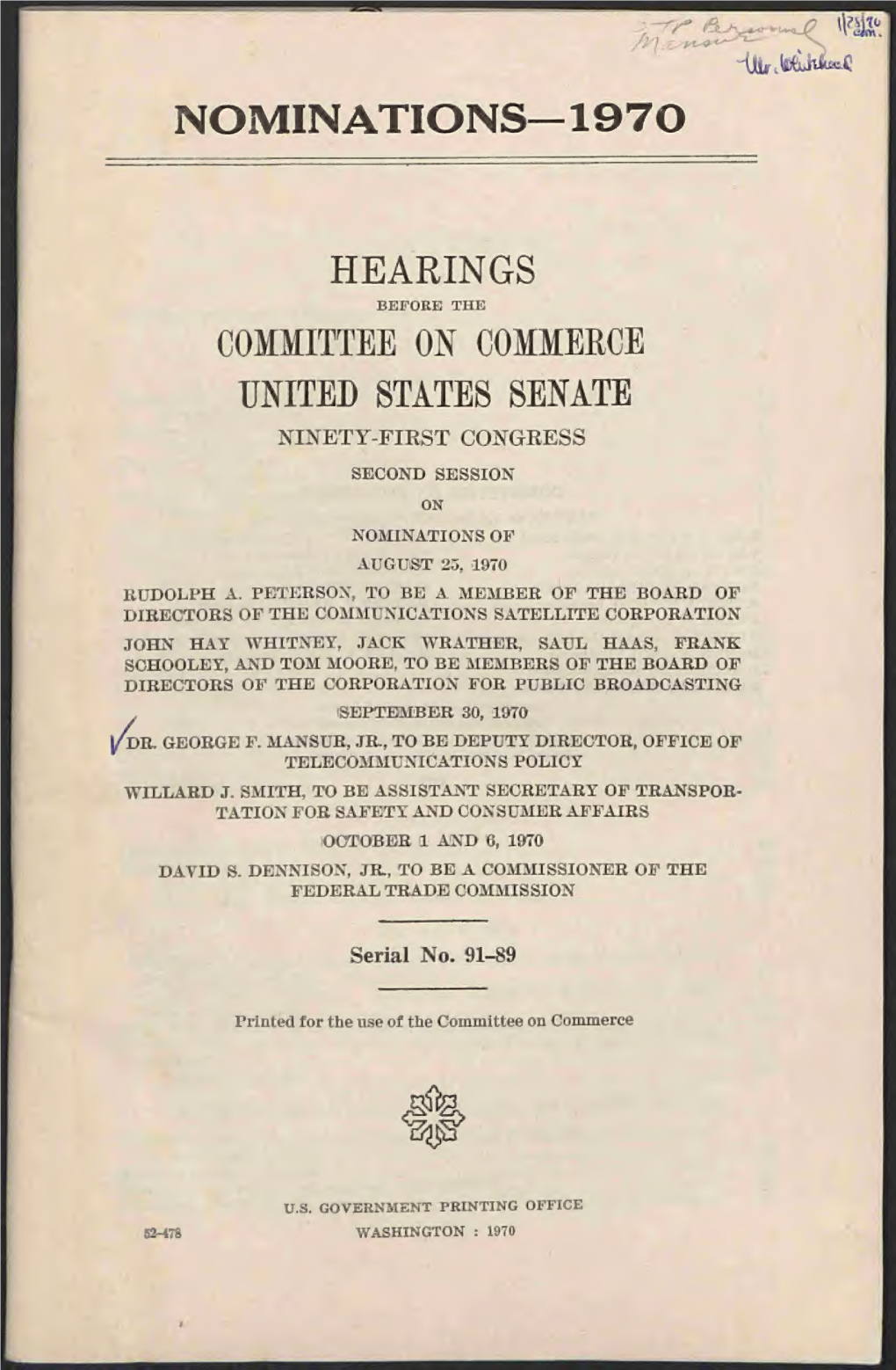 009 Nomination Hearing, September 30, 1970