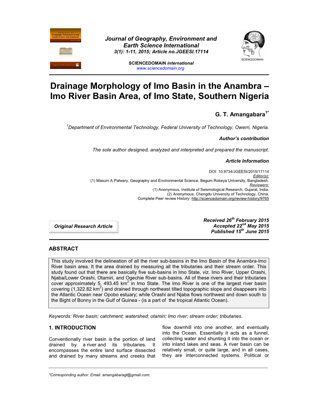Imo River Basin Area, of Imo State, Southern Nigeria