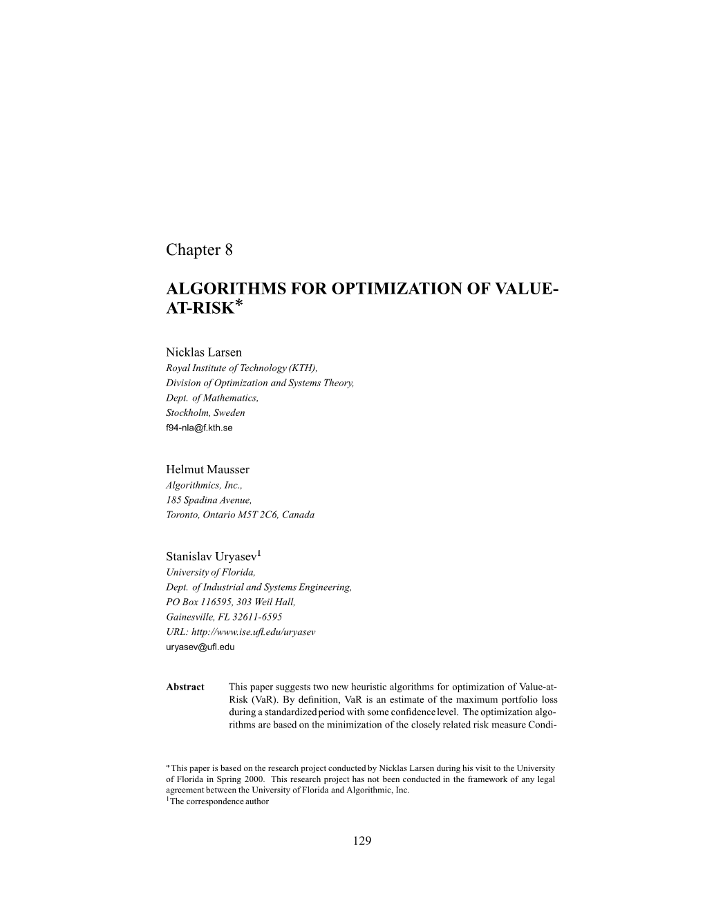 Chapter 8 ALGORITHMS for OPTIMIZATION of VALUE