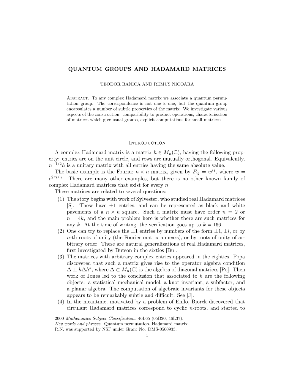 Quantum Groups and Hadamard Matrices