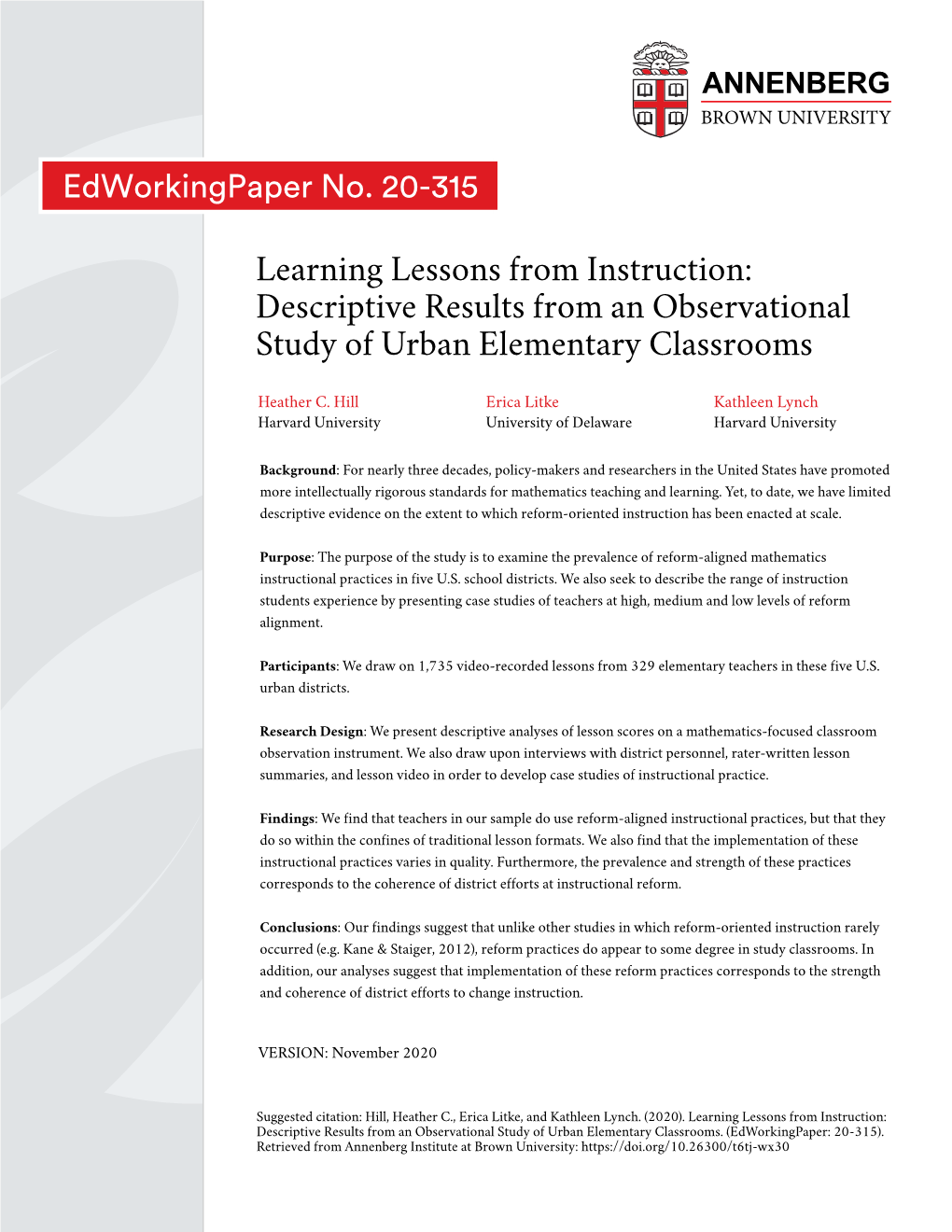 Learning Lessons from Instruction: Descriptive Results from an Observational Study of Urban Elementary Classrooms