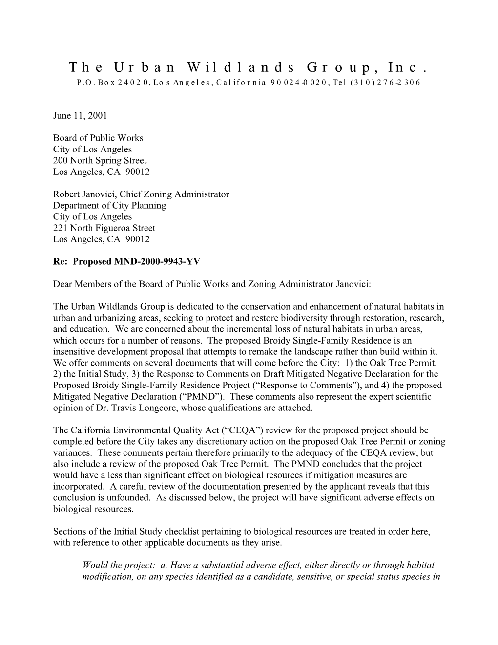 Comment Letter on Proposed Development, Bel Air, California