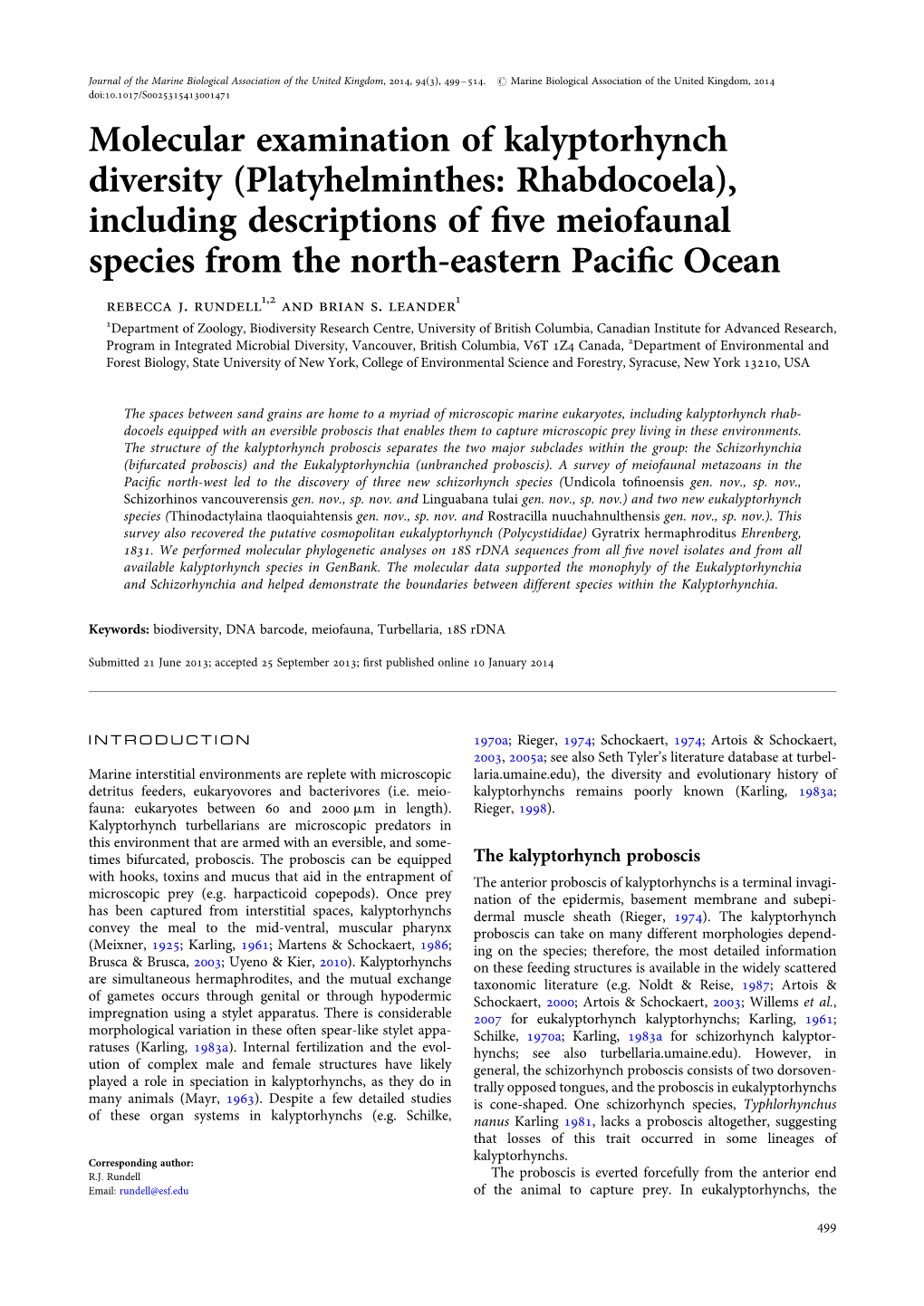 Platyhelminthes: Rhabdocoela), Including Descriptions of ﬁve Meiofaunal Species from the North-Eastern Paciﬁc Ocean Rebecca J