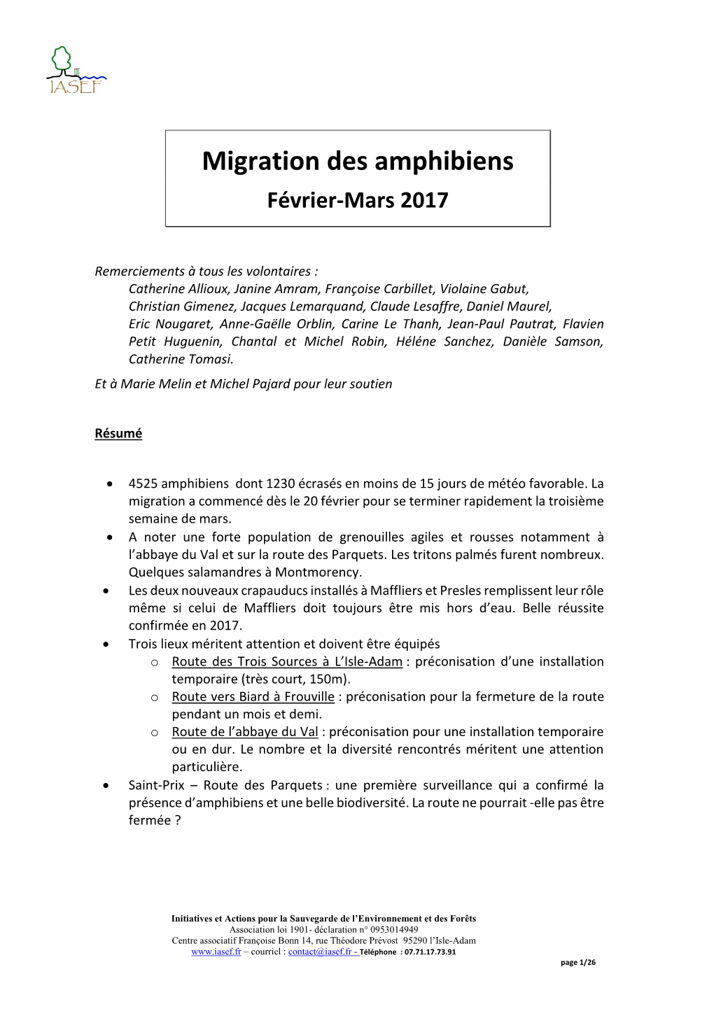 Migration Des Amphibiens Février-Mars 2017